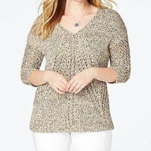 J. Jill Natural Marled Beige V-neck Chunky Knit Sweater 4X Tunic Open Weave